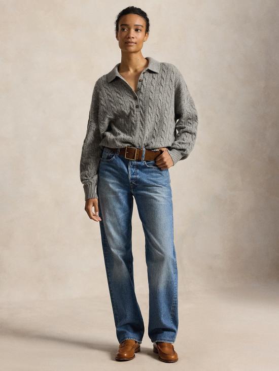 26FW 랄프 로렌 스웨터 Lana a Trecce con Collo Polo Grigio의 말리아 - RALPH LAUREN