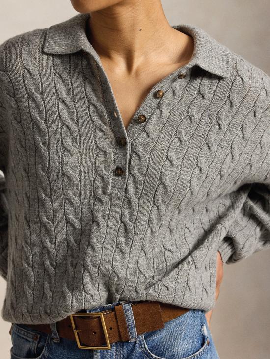 26FW 랄프 로렌 스웨터 Lana a Trecce con Collo Polo Grigio의 말리아 - RALPH LAUREN