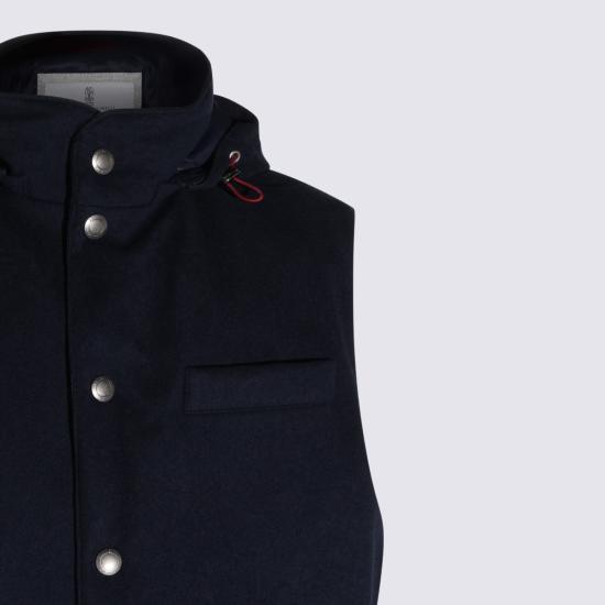 26FW 브루넬로 쿠치넬리 본디드 울 플란넬 디테처블 후드 다운 베스트 MM4701775 CQJ36 Navy - BRUNELLO CUCINELLI