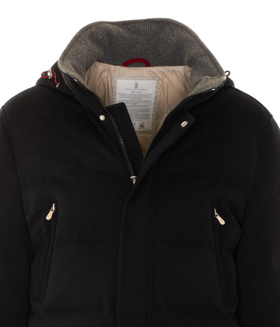 26FW 브루넬로 쿠치넬리 본디드 울 플란넬 탈부착 후드 다운 자켓 MM4701823 C101C Black - BRUNELLO CUCINELLI