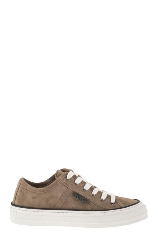 26SS 브루넬로 쿠치넬리 샤이니 탭 스웨이드 스니커즈 MZSFG3221 C8849 BEIGE O TAN