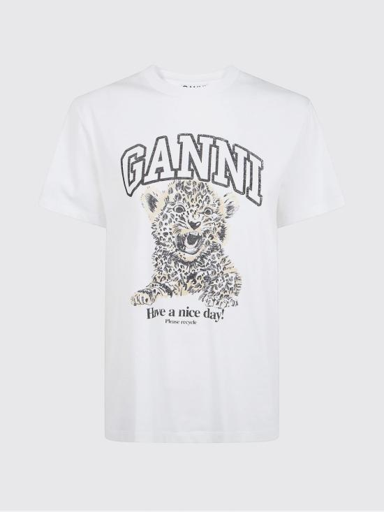 26FW 가니 베이직 저지 레오파드 릴렉스드 티셔츠 T4124 943 White - GANNI