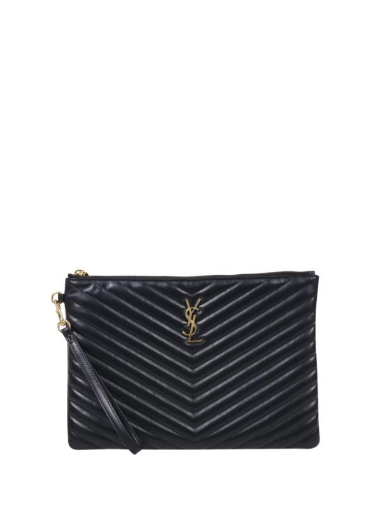 26FW 생로랑 퀼티드 레더 골드 모노그램 카산드라 마틀라세 태블릿 파우치 559193 CWU01 1000 NERO