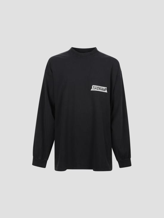 26SS 발렌시아가 마스킹 테이프 라지 핏 롱 슬리브 티셔츠 850404TTVL6 1041 FADED WSHD BLACK