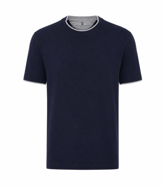 26FW 브루넬로 쿠치넬리 자수 로고 티셔츠 M0B137427 CD325 Blue