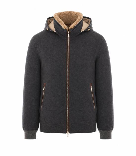 26FW 브루넬로 쿠치넬리 본디드 울 플란넬 탈부착 후드 다운 자켓 MM4701606 CNV62 Grey