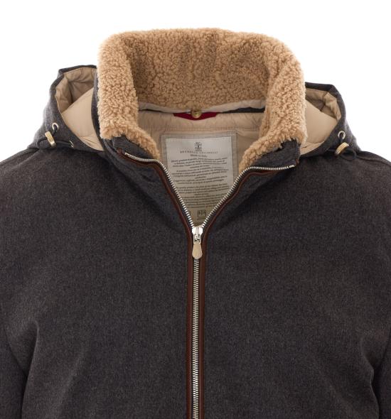 26FW 브루넬로 쿠치넬리 본디드 울 플란넬 탈부착 후드 다운 자켓 MM4701606 CNV62 Grey - BRUNELLO CUCINELLI