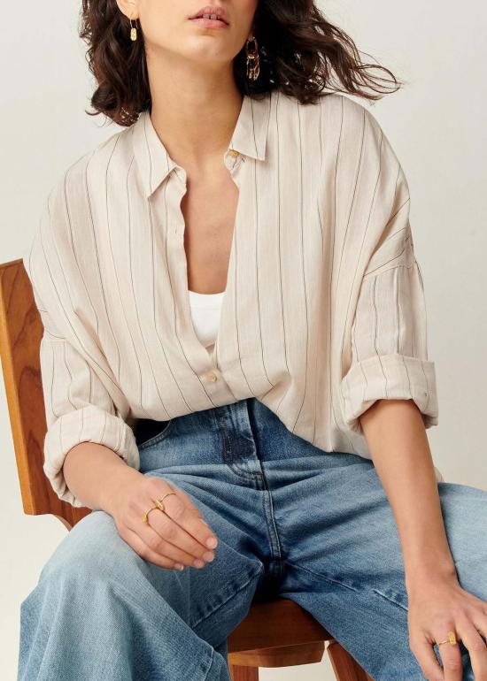  메이블앤모스 셔츠 세순 보탄 버튼 다운 칼라 셔츠 크림색 세로 스트라이프