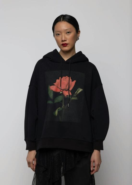  Esthé 후드 티셔츠 에스테 로즈 프린트 코튼 후드티 블랙 - OTHER BRANDS