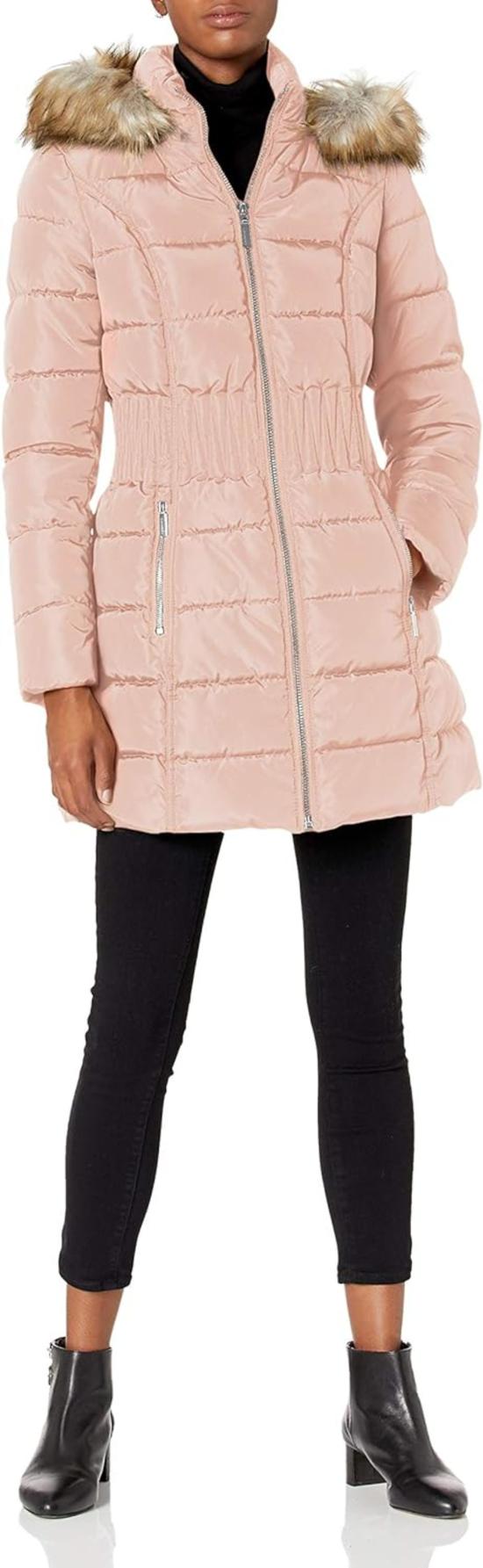  Laundry by Shelli Segal 코트 Shelli Segal의 Laundry 3/4 퍼퍼 신치드 허리 인조 모피 후드 더스티 핑크 - OTHER BRANDS