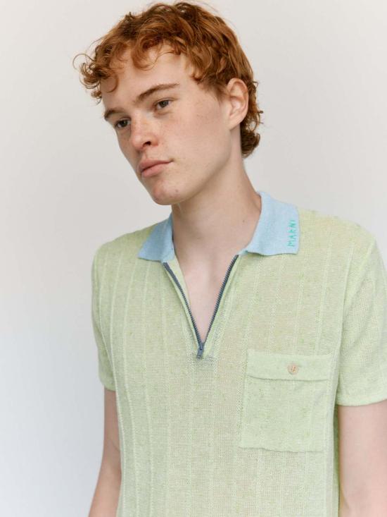  마르니 폴로 티셔츠 Marni 애시드 그린 코튼 린넨 부클레 폴로 셔츠 - MARNI