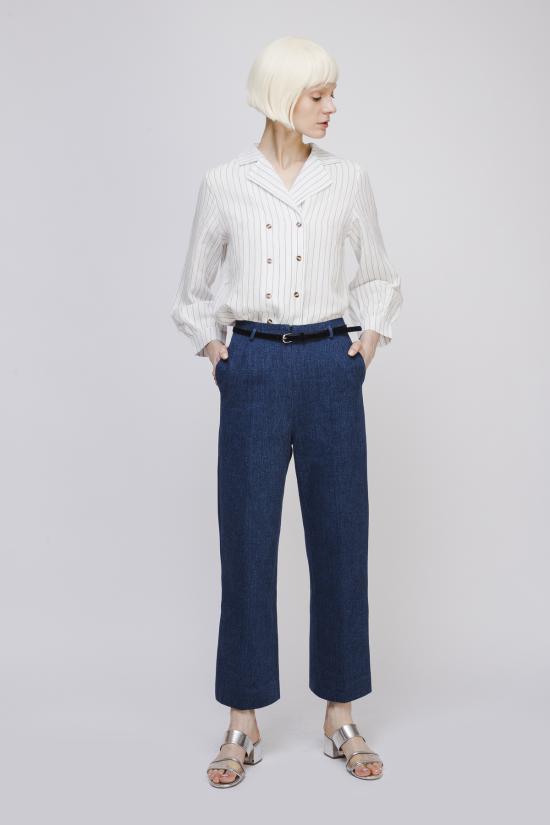  오퓨전 데님 팬츠 벨벳 벨트가 있는  스트레이트 레그 진