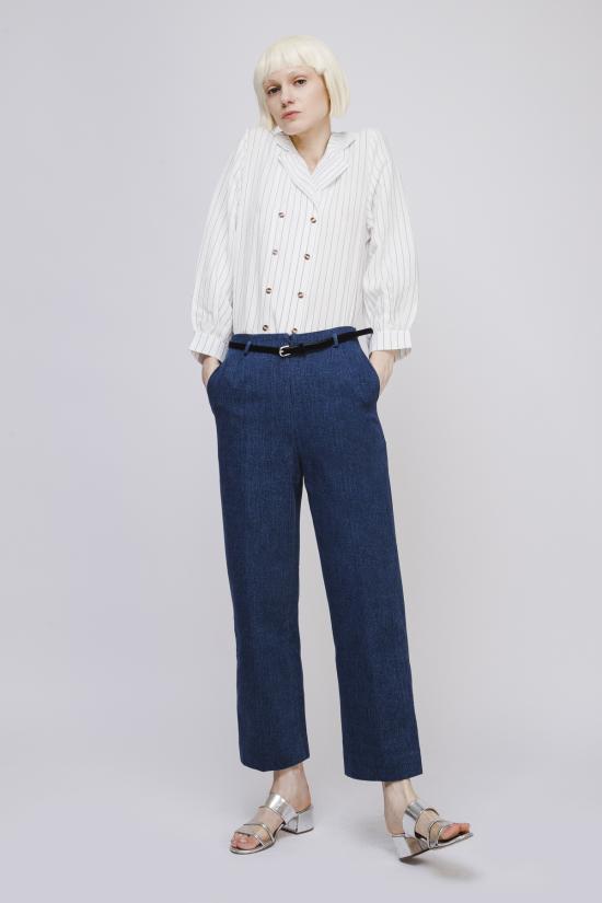  오퓨전 데님 팬츠 벨벳 벨트가 있는  스트레이트 레그 진 - OPUSION