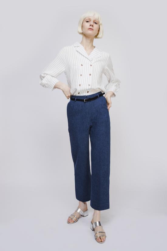  오퓨전 데님 팬츠 벨벳 벨트가 있는  스트레이트 레그 진 - OPUSION