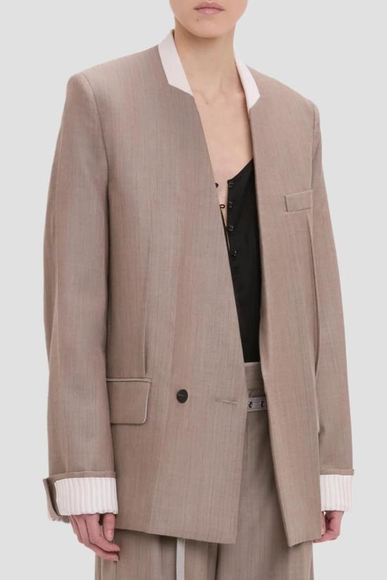 빅토리아 베컴 수트 자켓 칼라리스 재킷 블레이저 라임스톤 - VICTORIA BECKHAM