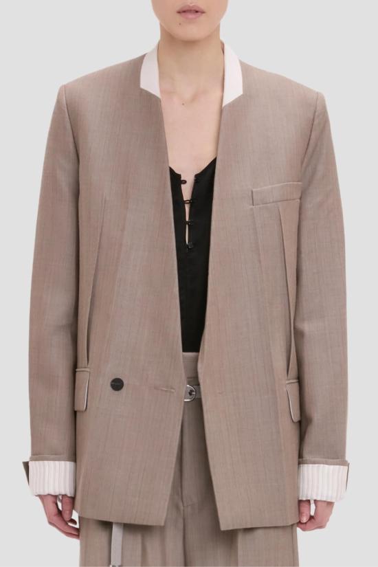  빅토리아 베컴 수트 자켓 칼라리스 재킷 블레이저 라임스톤 - VICTORIA BECKHAM