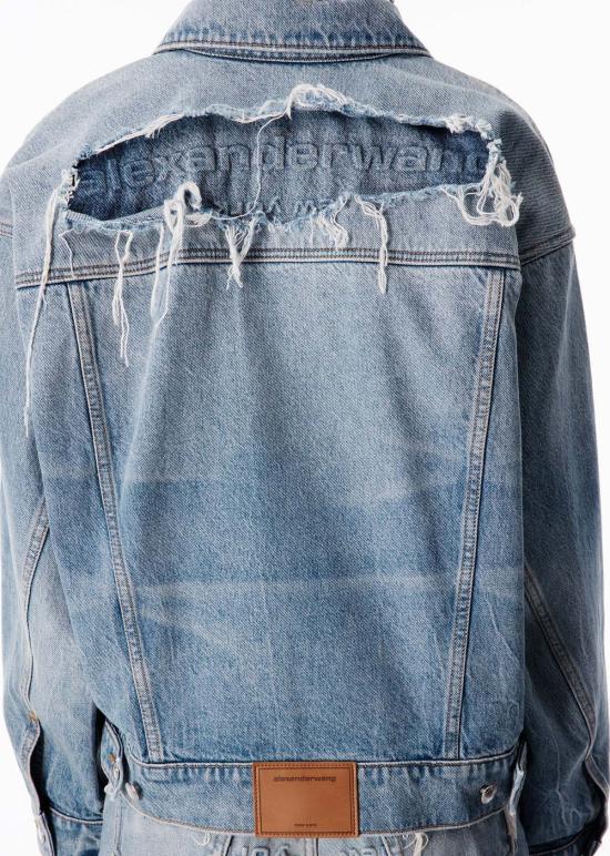 26SS 알렉산더 왕 데님 자켓 로고 디스트레싱 게임 재킷, 오센틱 라이트 인디고 - ALEXANDER WANG