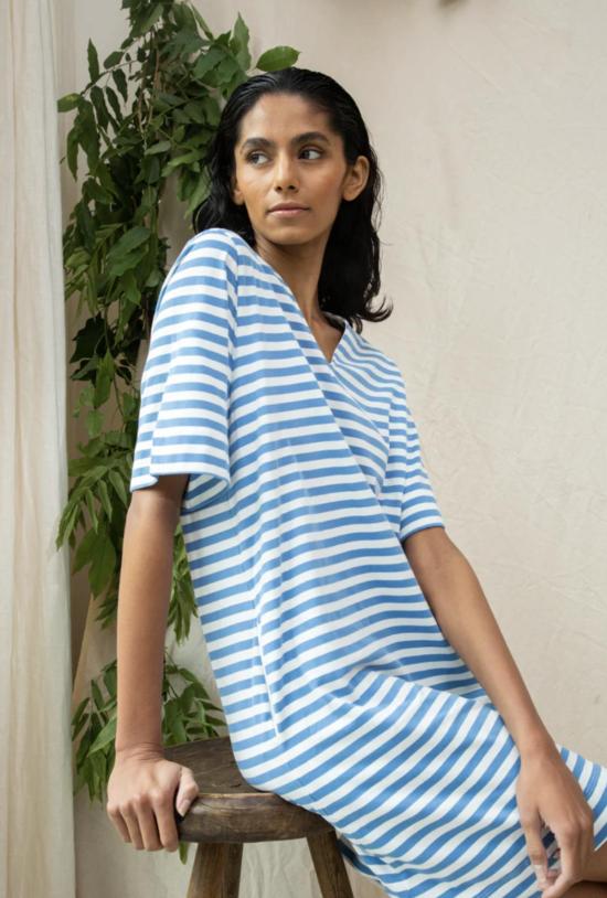 Organic Cotton 미디 원피스 유기농 면 소재의 사샤 수 드레스, 바다색/흰색 - OTHER BRANDS