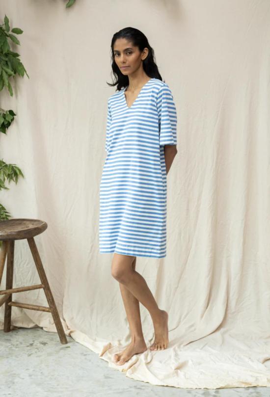  Organic Cotton 미디 원피스 유기농 면 소재의 사샤 수 드레스, 바다색/흰색 - OTHER BRANDS