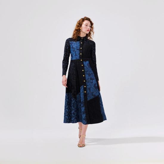  헤일리 멘지스 미디 원피스 레이저 프린트 데님 드레스 블루 데님