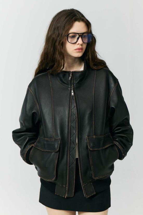  던스트 봄버 자켓 스탠드 칼라 가죽 블라우스, 브러시드 블랙 - DUNST