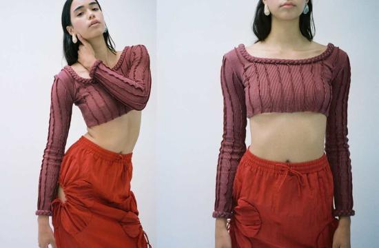  Helena Manzano 긴팔 티셔츠 헬레나 만자노 브레이디드 3D 스트라이프 크롭 탑 버건디 - OTHER BRANDS