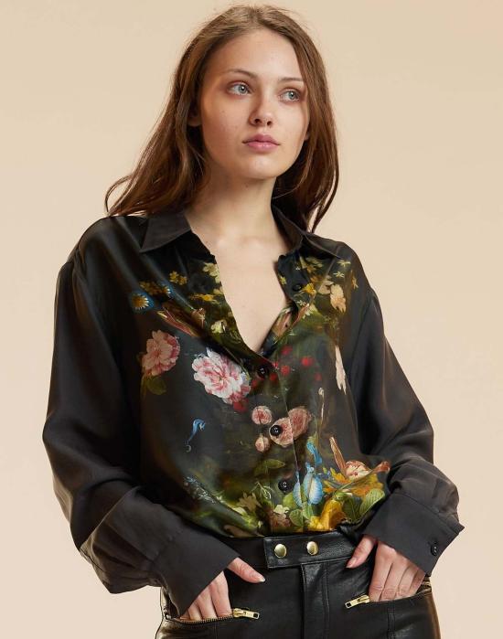  신시아 로리 블라우스 신시아 로울리 컬렉터블 실크 셔츠 블랙 플로럴 - CYNTHIA ROWLEY