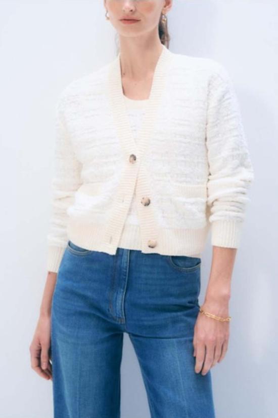  화이트 워렌 가디건 화이트 + 워렌 텍스처드 부클  아이보리 - WHITE + WARREN