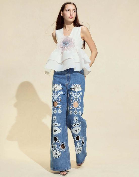  신시아 로리 데님 팬츠 신시아 로울리 자수 와이드 레그 진 다크 워시 - CYNTHIA ROWLEY