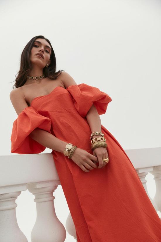  CAROLINE CONSTAS 롱 원피스 캐롤라인 콘스타스 팔머 오프숄더 맥시 드레스 매더 레드