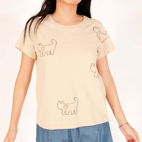  Cats with a Heart 반팔 티셔츠 하트를 품은 고양이 가족 자수 티셔츠 샌드 - OTHER BRANDS