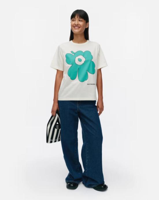  마리메꼬 반팔 티셔츠 Marimekko Jakso Piirto Unikko Kioski 티셔츠 청록색