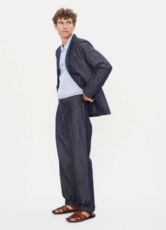  한센 가먼츠 스트레이트 팬츠 수네 클래식 플리츠 팬츠 네이비 도비 - HANSEN GARMENTS