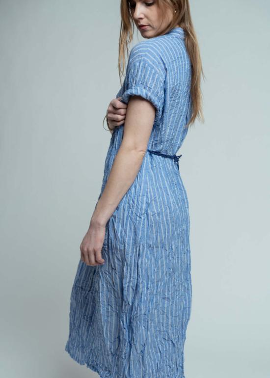  파드칼레 미디 원피스 Pas De Calais 셔링 스트라이프 드레스 색스 블루 - PAS DE CALAIS