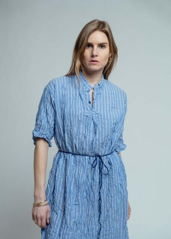  파드칼레 미디 원피스 Pas De Calais 셔링 스트라이프 드레스 색스 블루 - PAS DE CALAIS