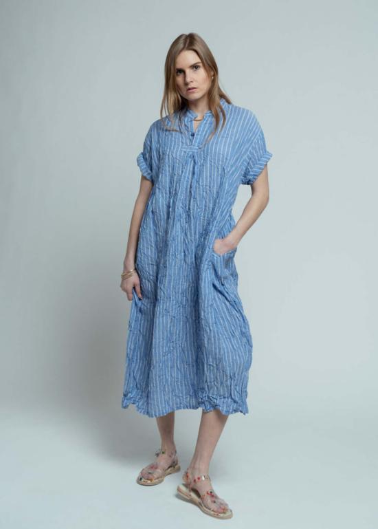  파드칼레 미디 원피스 Pas De Calais 셔링 스트라이프 드레스 색스 블루 - PAS DE CALAIS