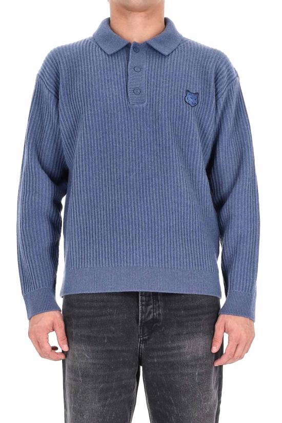 25FW 메종키츠네 폭스 헤드 울 립드 폴로 티셔츠 PM00213KT11490330 Blue - MAISON KITSUNE