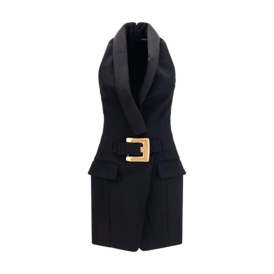 26FW 발망 숏 원피스 Balmain Grain De Poudre 벨트 드레스 블랙