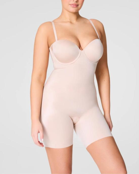  스팽스 바디수트 티셔츠 스트랩리스 미드 타이 바디수트 샴페인 베이지 - SPANX