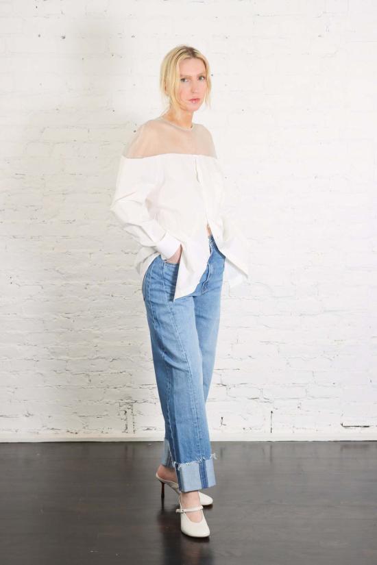  마르지엘라 셔츠 메종  포플린 & 메시 롱 슬리브 셔츠 오프 화이트 - MAISON MARGIELA