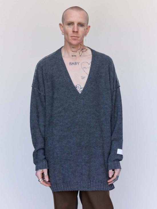  MM6 메종마르지엘라 스웨터 Mm6 메종 마르지엘라 코튼 오버사이즈 로우 엣지 브이넥 - MM6 MAISON MARGIELA