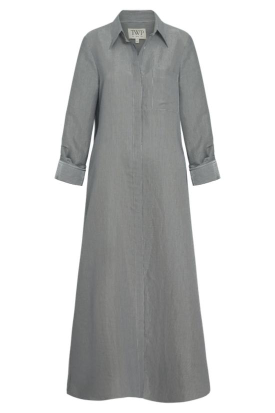  티더블유피 롱 원피스 Twp Jenny's Gown In Glossy Mini Stripe Maxi Shirtdress White/Blue