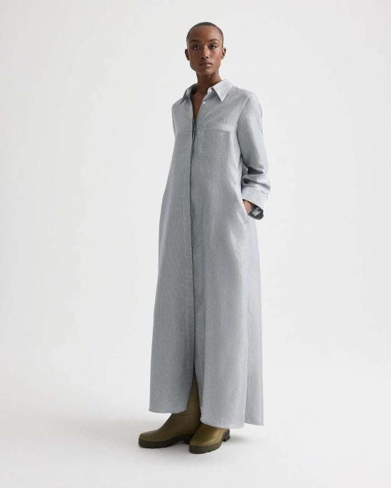  티더블유피 롱 원피스 Twp Jenny's Gown In Glossy Mini Stripe Maxi Shirtdress White/Blue - TWP
