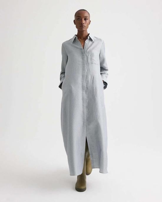 티더블유피 롱 원피스 Twp Jenny's Gown In Glossy Mini Stripe Maxi Shirtdress White/Blue - TWP