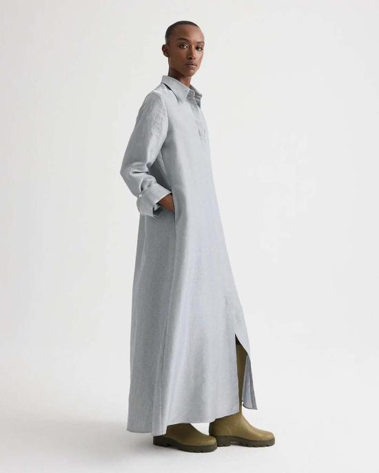  티더블유피 롱 원피스 Twp Jenny's Gown In Glossy Mini Stripe Maxi Shirtdress White/Blue - TWP