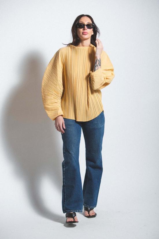  esthe 블라우스 에스테 스컬프티드 플리츠 하이넥 탑 옐로우
