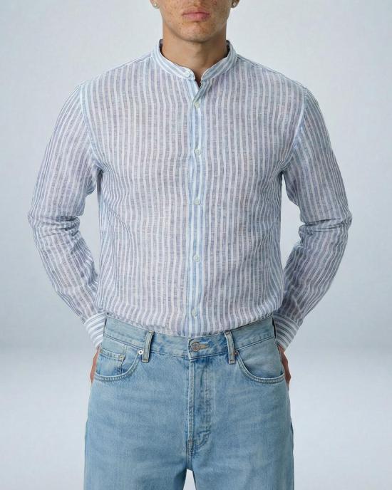  그라피아 뉴욕 긴팔 셔츠 리암 밴드 칼라 긴팔 셔츠 화이트 & 블루 린넨 스트라이프