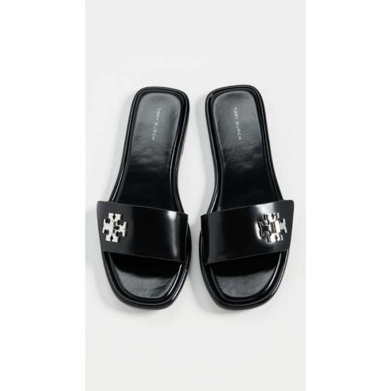  토리버치 뮬/슬리퍼 T-락 박스 가죽 슬라이드 퍼펙트 블랙 - TORY BURCH
