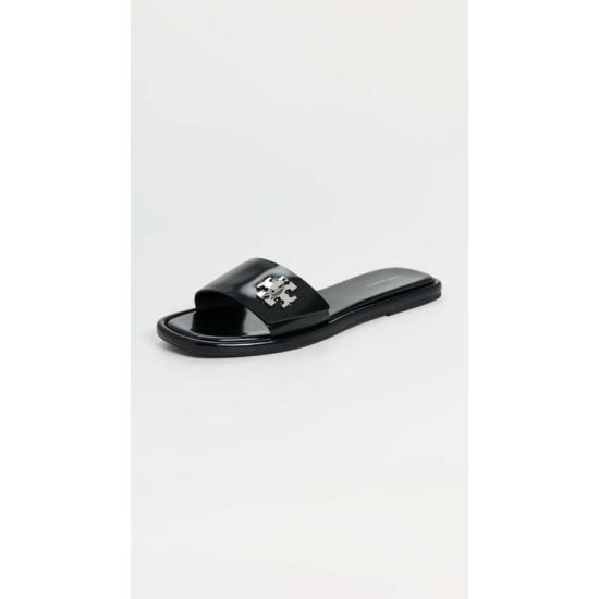  토리버치 뮬/슬리퍼 T-락 박스 가죽 슬라이드 퍼펙트 블랙 - TORY BURCH