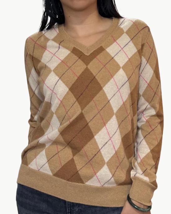  브라조 트리콧 스웨터 브라조 트리코 아가일 브이넥  카멜 - BRAZEAU TRICOT